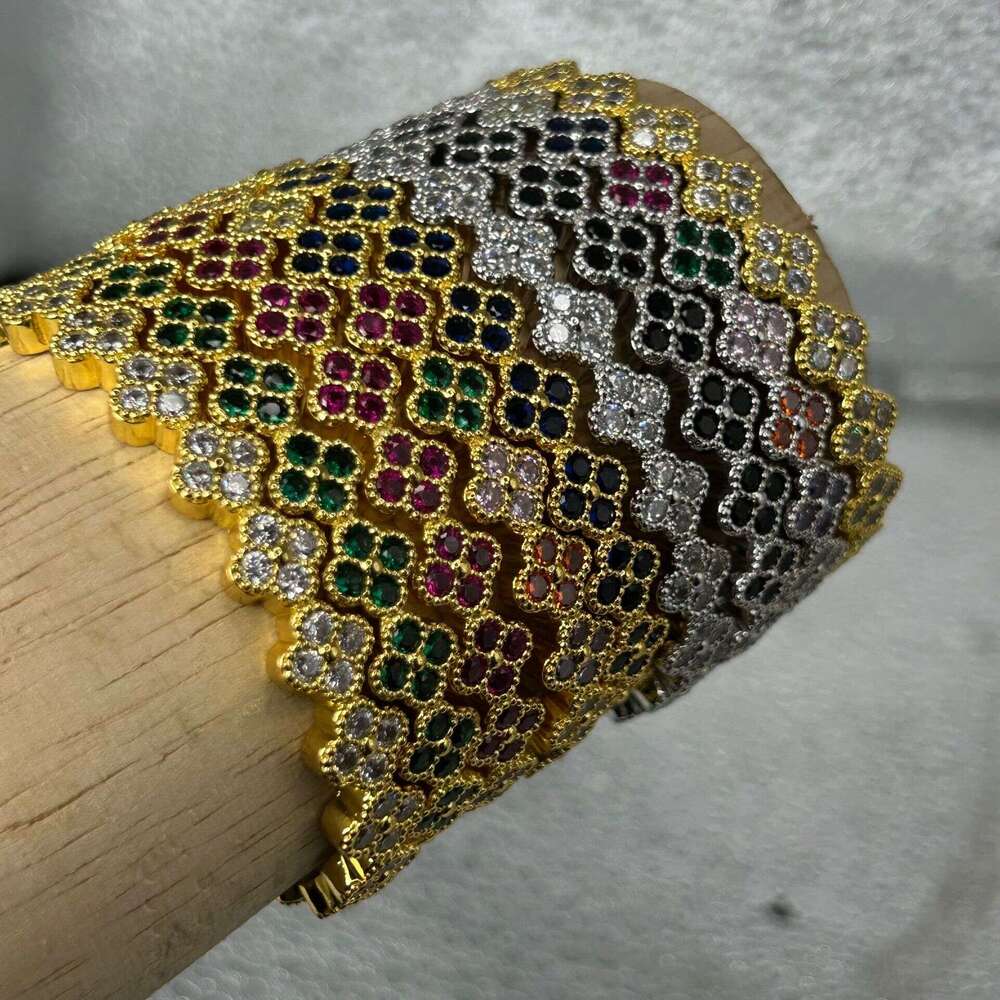 Four-Leaf Flower Bracelet Copper Setting with Colored Diamonds Adjustable Open-Petaled Bracelet