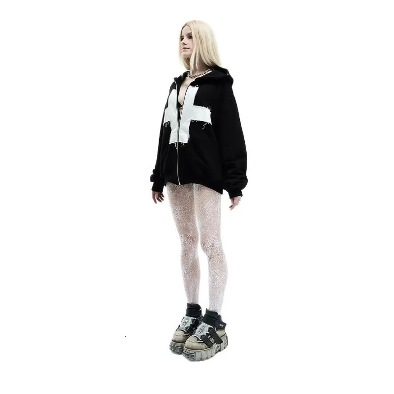 Trendy fashion cross patch goth oversized zip up hoodies for women Harajuku Y2K casual winter clothes couple sweatshirts 251225