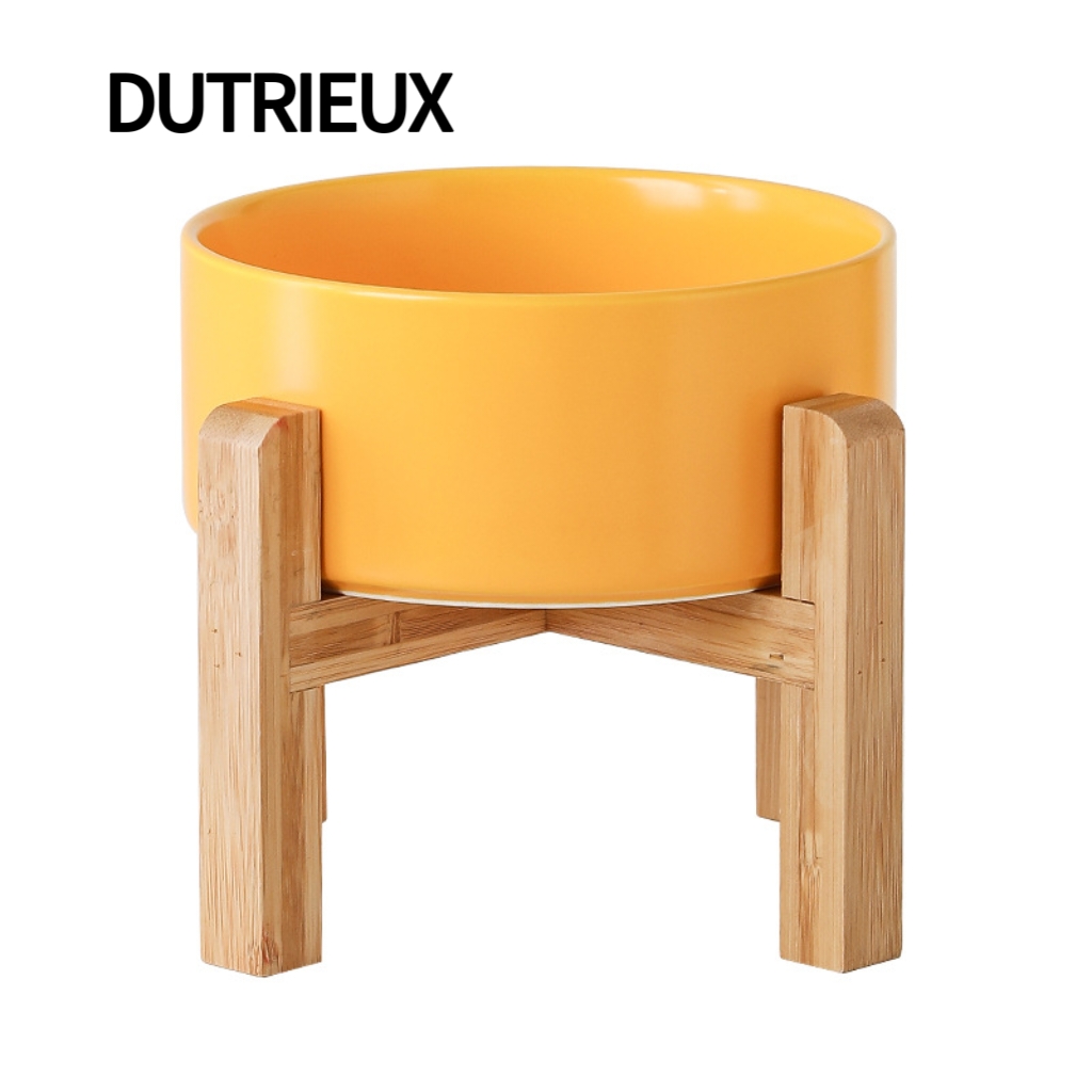 H1976 Ceramic cat and dog bowls with neck protection, tall bamboo and wood frame to prevent tipping, pet food and water bowls.