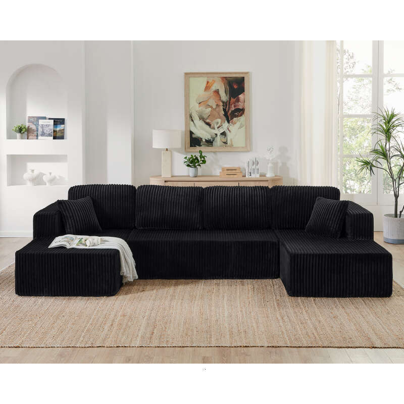 U shape Modular Sofa, Sectional Modern Minimalist Style Corduroy Couch, Sleeper for Living Room, Bedroom, Comfy Compressed Sofa -Black 4049