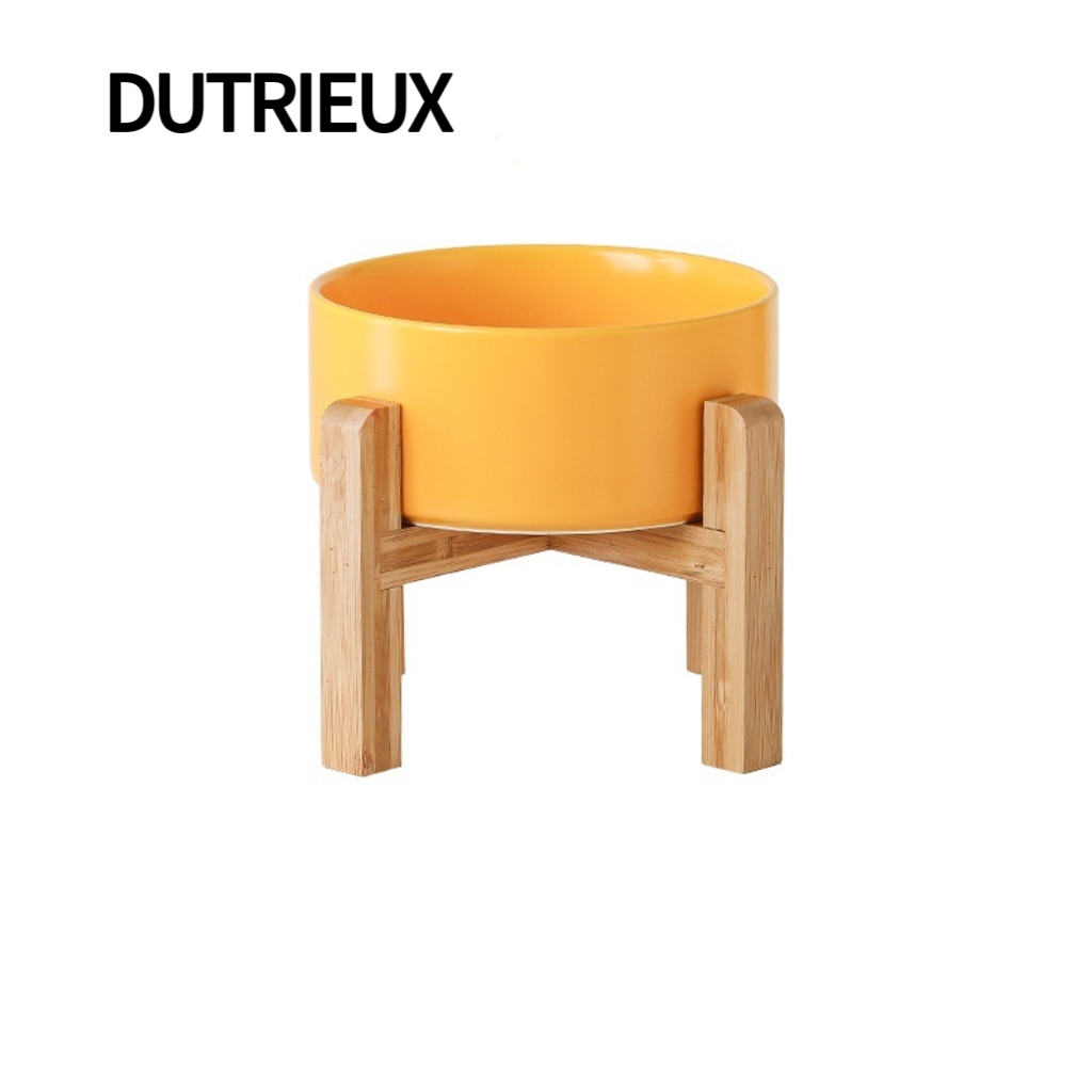 H1976 Ceramic cat and dog bowls with neck protection, tall bamboo and wood frame to prevent tipping, pet food and water bowls.