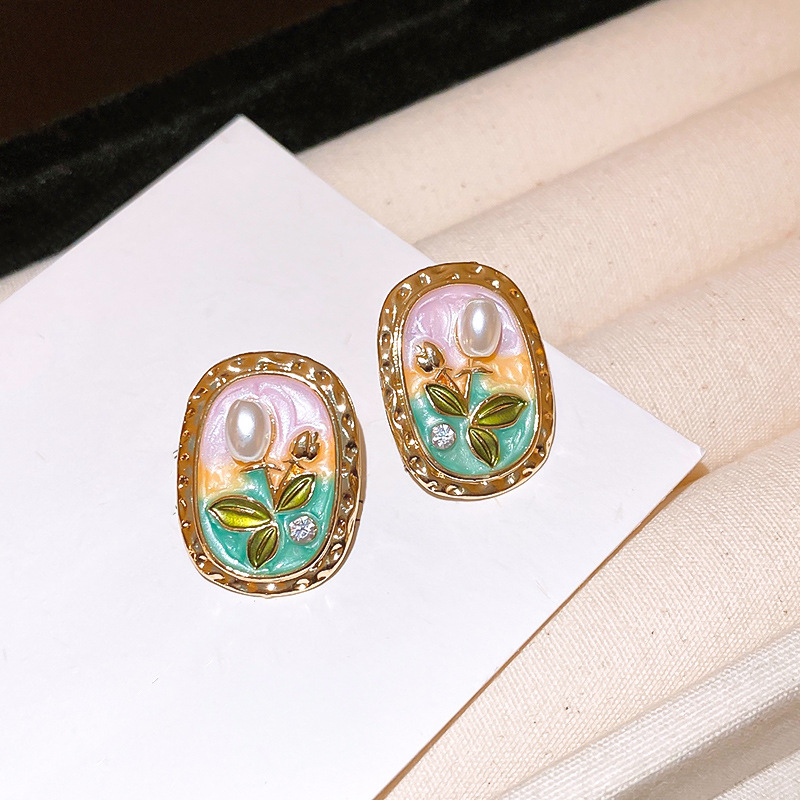 Silver Needle Oval Flower Pearl Monet Garden French Retro Palace Style Sweet Fresh Earrings - view 7