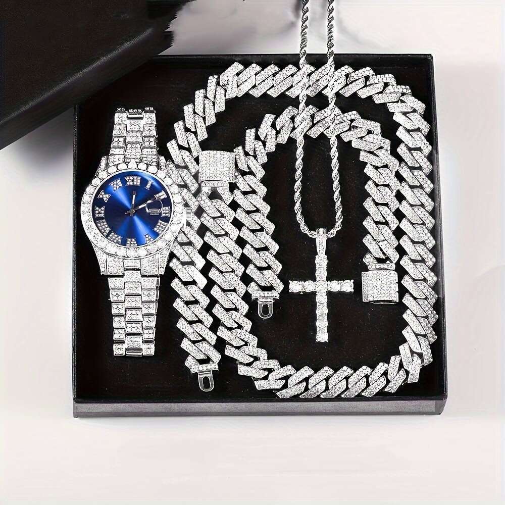 Luxury Steel Bracelet Quartz Watch Diamond-Set Hip-Hop Cuban Link Bracelet Set Watch