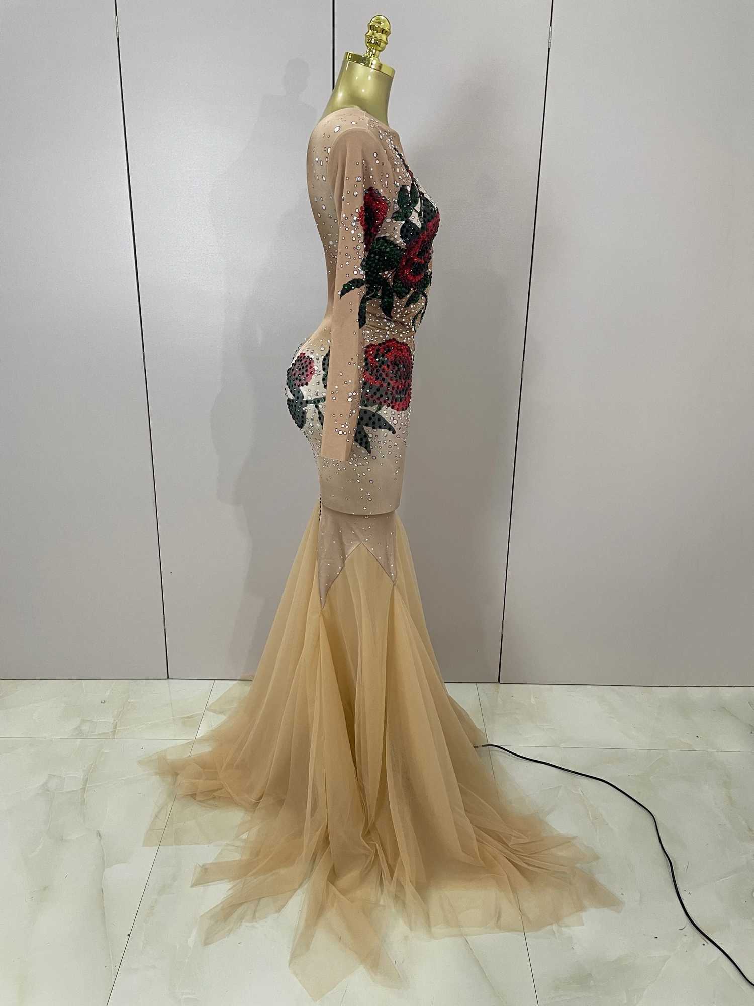 Sexy Shiny Rhinestone Rose Floral Floor-Length Dress Evening Women Eveing Celebrate Birthday Party Nightclub Performance Costume C251225