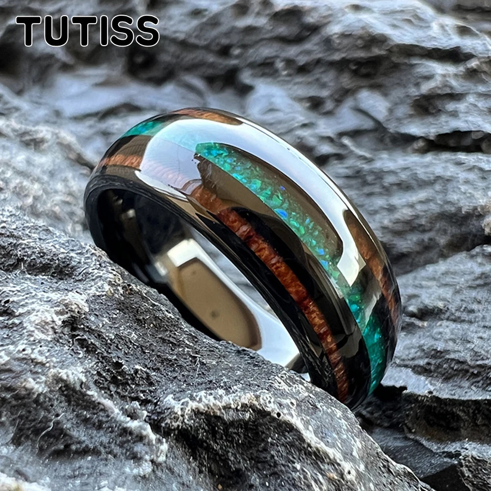 TUTISS 8mm Black Tungsten Ring for Men Women Engagement Wedding Band Fashion Jewelry Green Opal Koa Wood Inlay Comfortable Fit 251224