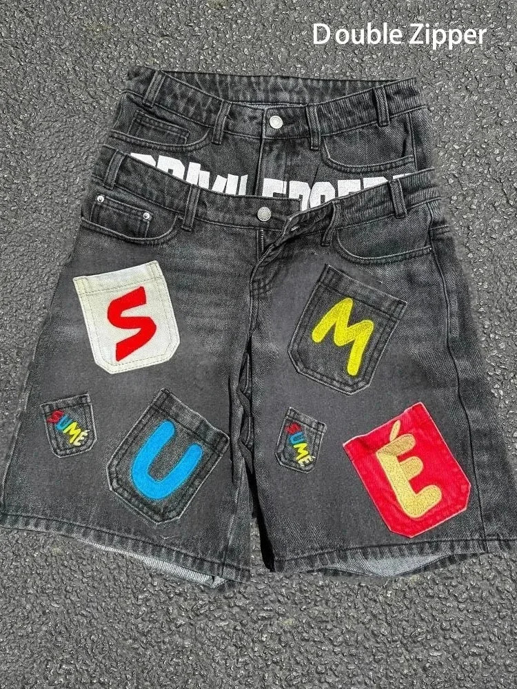 HOUZHOU Vintage Letter Denim Shorts Women Hip Hop Y2k Two Pieces Jorts American Retro Patchwork Baggy Street Short Jeans 251225