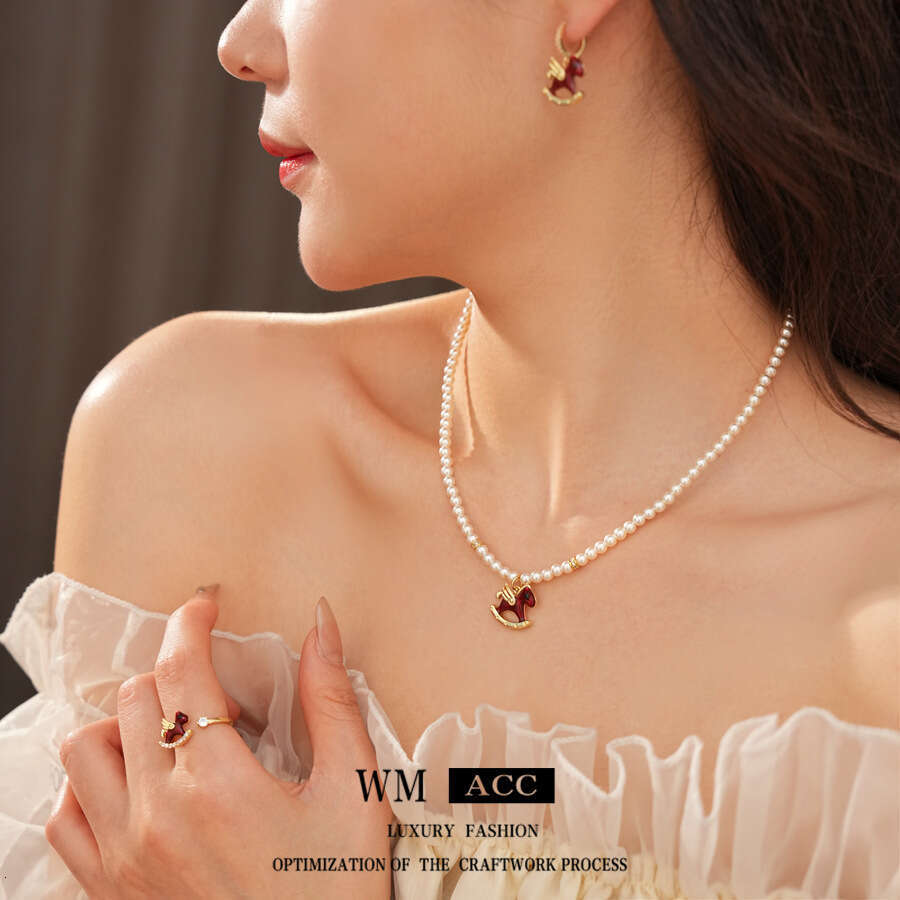 Chinese Zodiac Horse Necklace, Round Beaded Pearl Choker, Enamel Pendant, Red & Gold Bridal Birthday Gift for Women, New Asian Style Jewelry