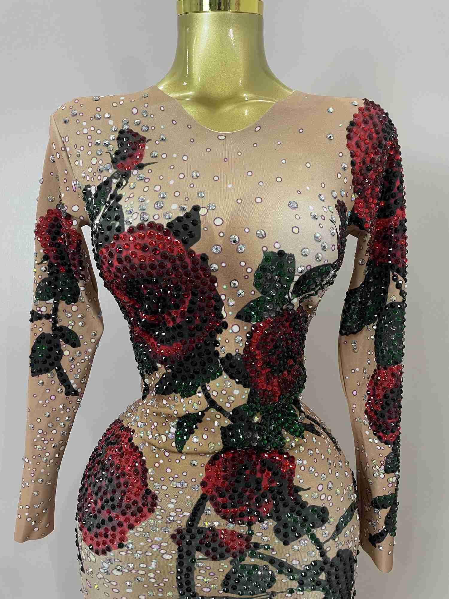 Sexy Shiny Rhinestone Rose Floral Floor-Length Dress Evening Women Eveing Celebrate Birthday Party Nightclub Performance Costume C251225