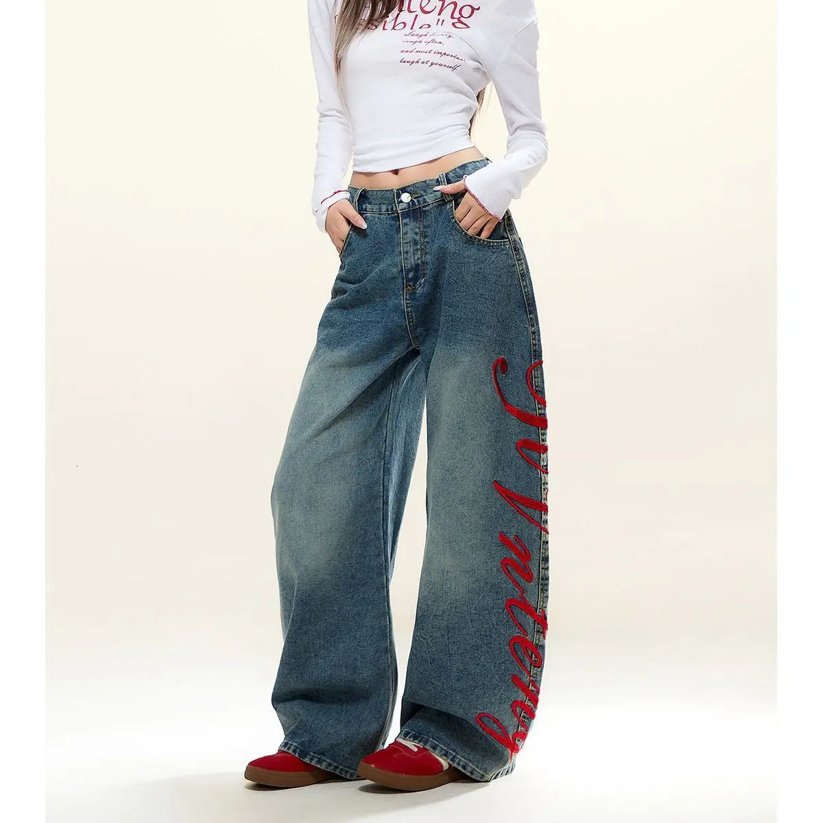 Y2K Vintage American Letter Embroidered Scimitar Baggy Jeans Women Autumn Contrast Color Harajuku Hip Hop Wideleg 251225