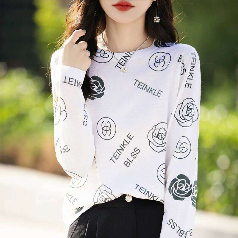 Spring Autumn New Shirt Women's Round Neck Long Sleeve Wool Mulberry Silk Loose Style Printed Thin Knitted Top