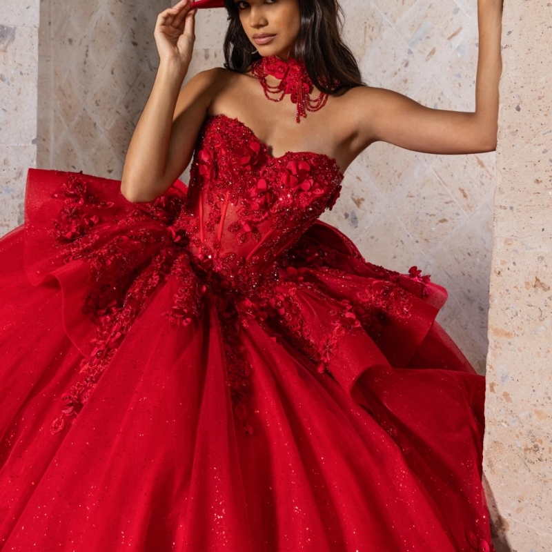 Red Shiny Quinceanera Dresses Ball Gown Off The Shoulder Applique Lace Beading Crystal Bow Tull Corset Sweet 16 Dress Vestidos 15 De Anos
