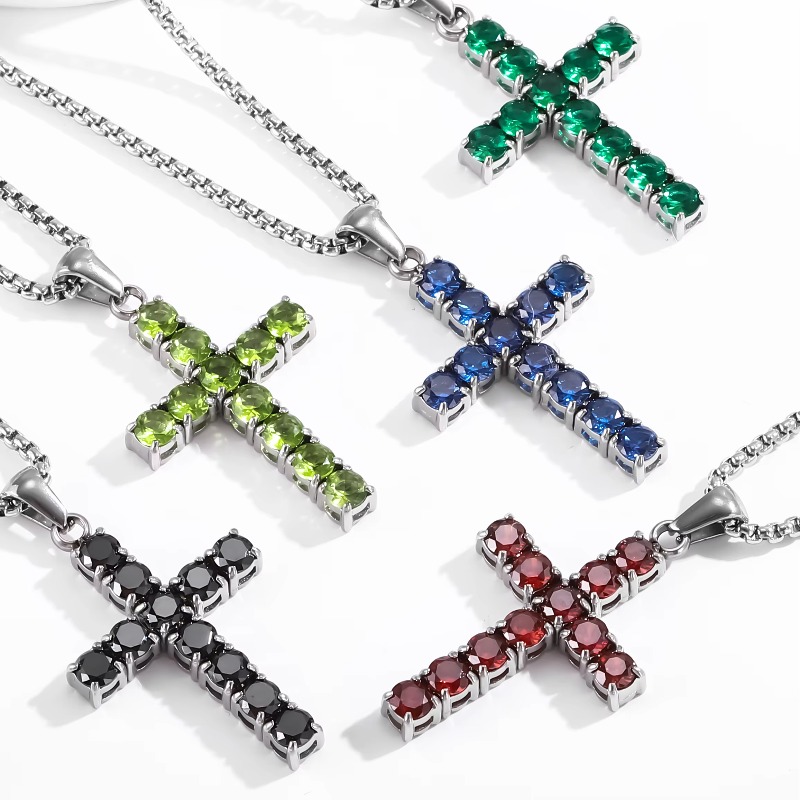 Jewellery Stainless Steel Texture White 5A Zircon Square Cross Pendant Necklace Hip-Hop Style for Daily Wear Gift for All Occasions Textured Urban Acc