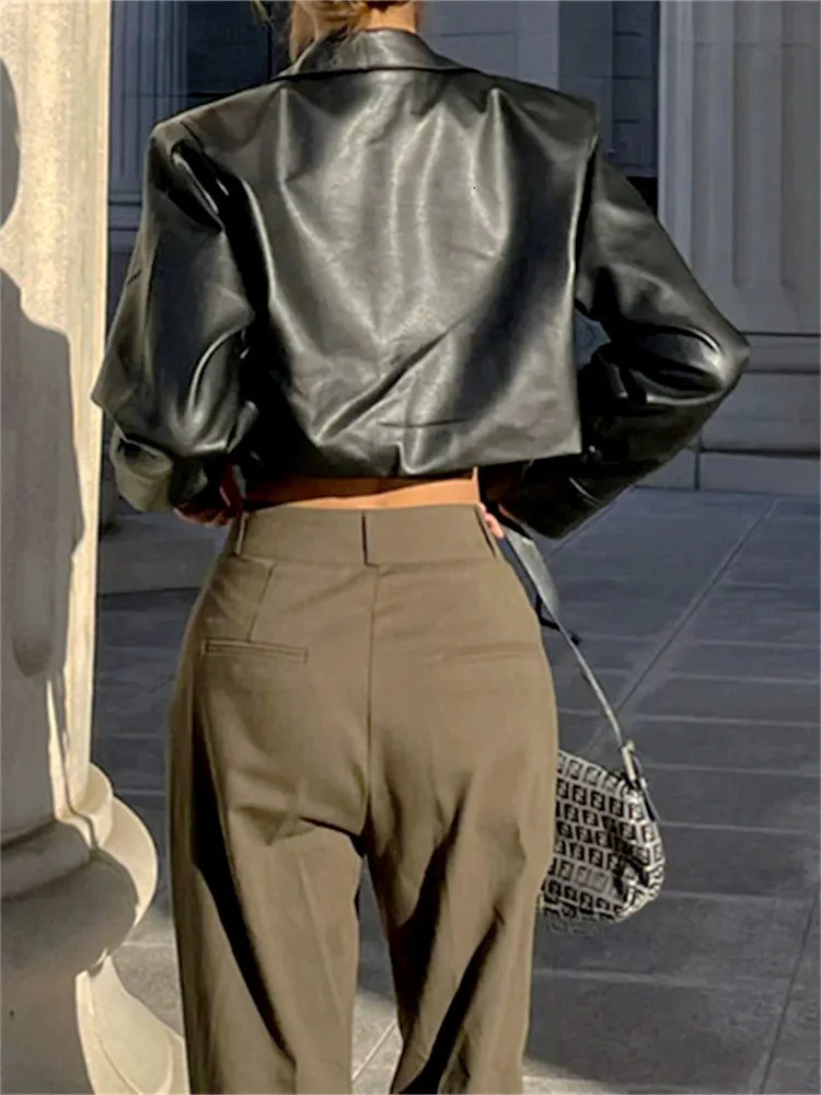 Women PU Leather Jackets Long Sleeve Button Down Crop Coats Korean Fashion Autumn Tops Outerwear Streetwear 251225