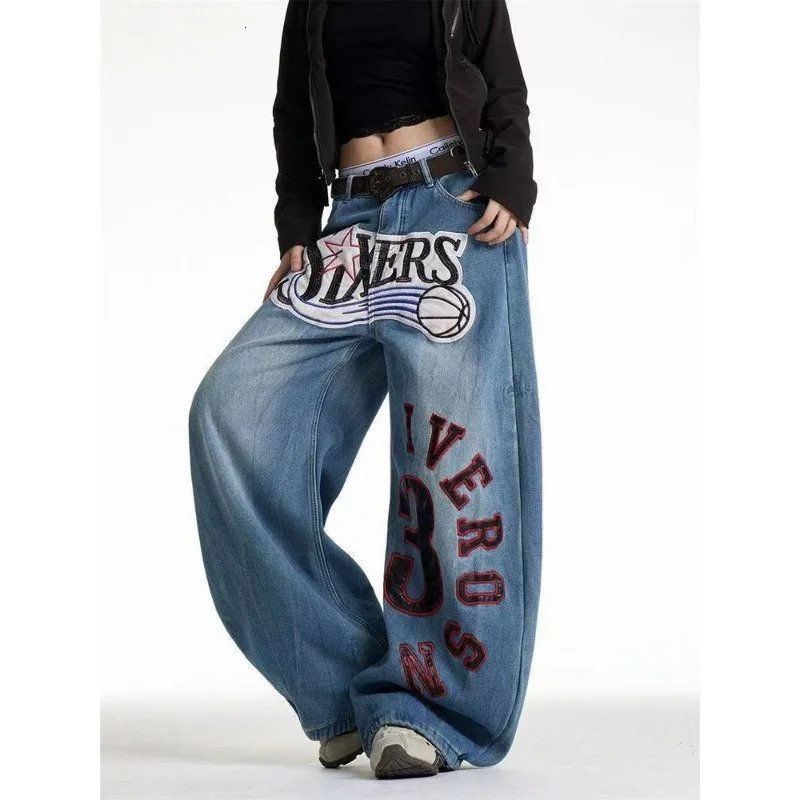 Personalized letter patch embroidery stitching highquality oversized jeans for women American girl street wideleg y2k pant 251225