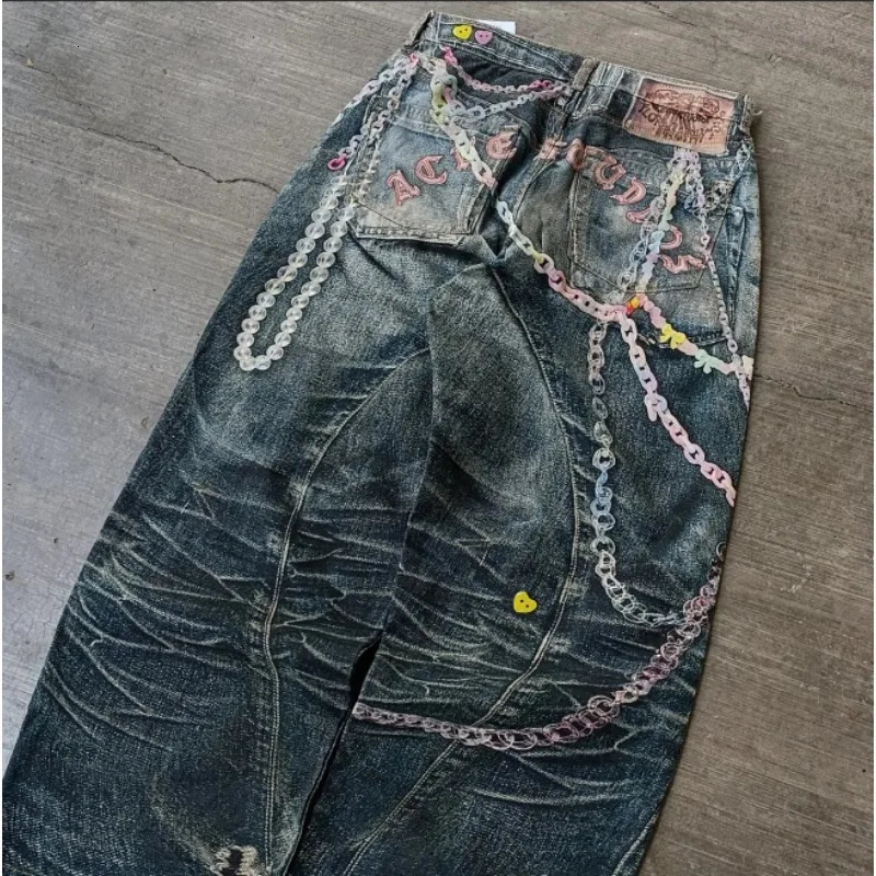 High Street Geometric Letter Chain Print n Oldsized Highwaisted Jeans for Women Y2K Aesthetic Leisure Niche Simple Pants 251225