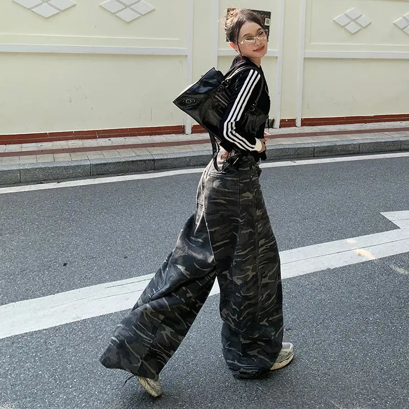 American Style Vintage Camouflage Wide Leg Jeans High Waist Loose Casual Floor Length Straight Cut Womens Winter Trousers 251225