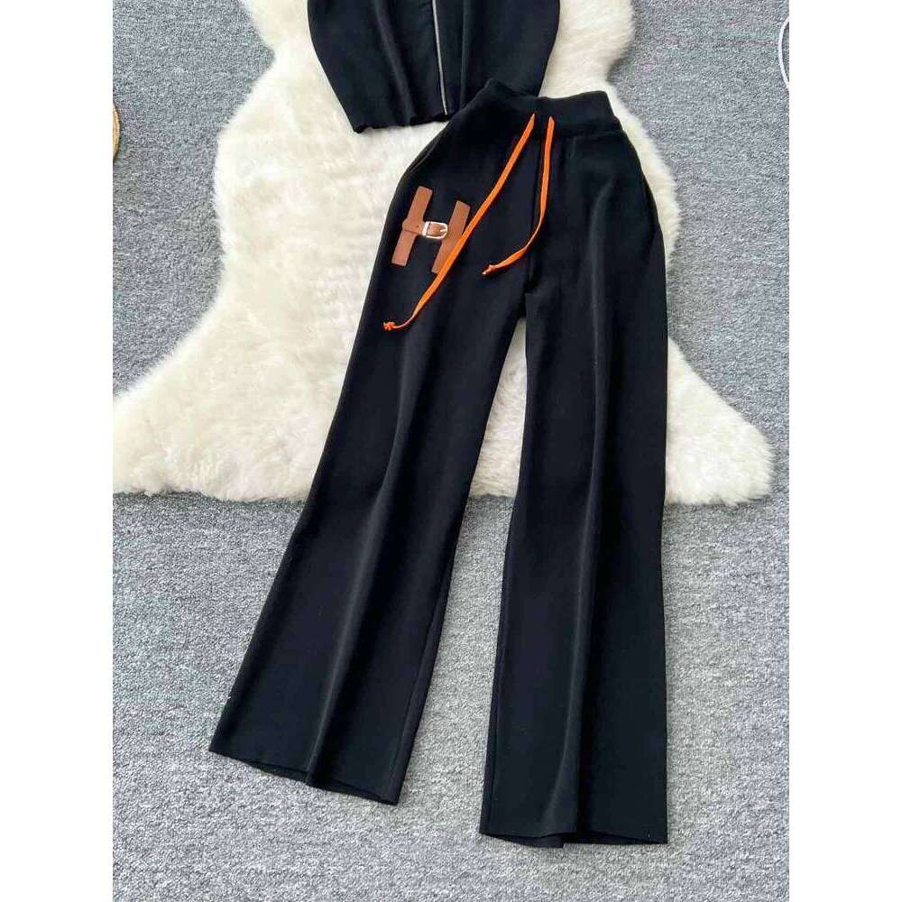 Designer Clothes Leisure Suit Women S European Round Neck Short Sleeved Knitted Cardigan High Waist Wide Leg Pants Summer Two Piece Set Hot Selling
