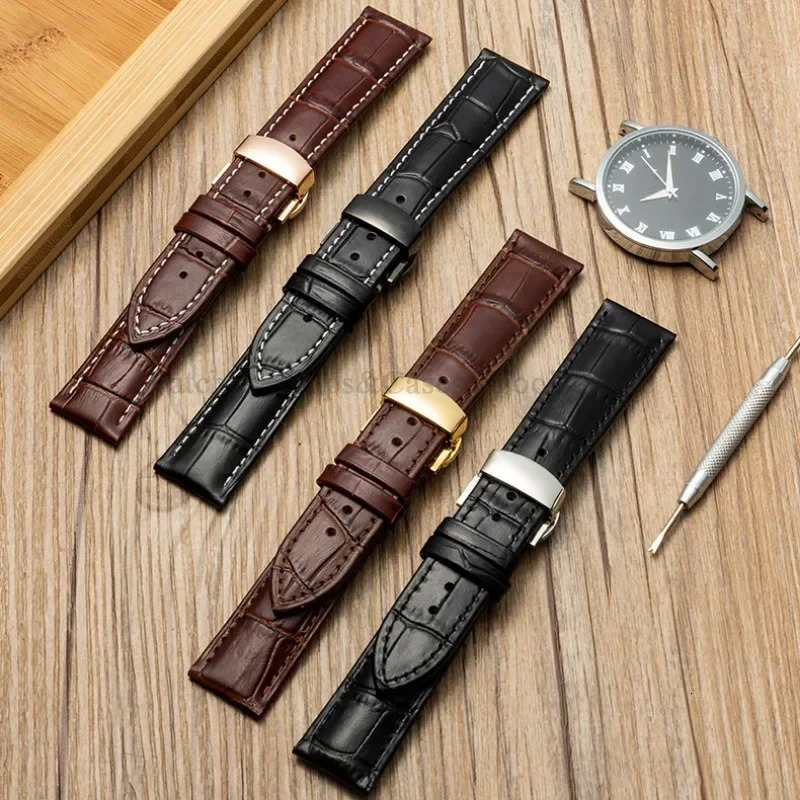 121314151617181920mm 22mm 24mm Genuine Leather Strap Watchband With Box Butterfly Clasp Universal Men WomenBelt Bracelet 251216 - view 4