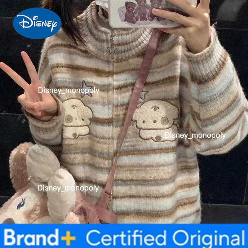 Disney Y2K Striped Knitted Cardigan Women Vintage Oversized Sweater Outerwear Japanese Kawaii Embroidery Knitwear Winter Jumpers H251225