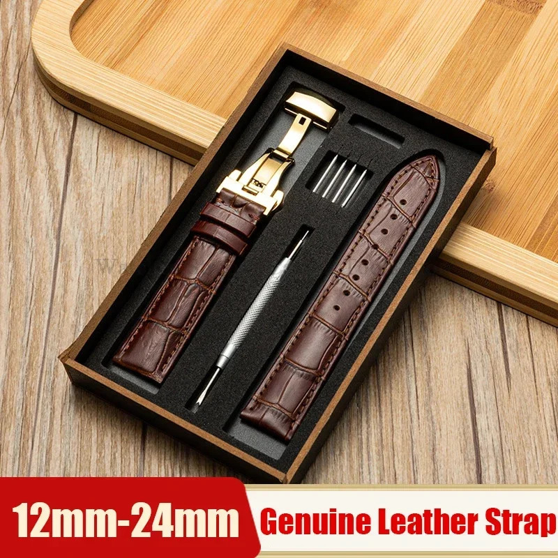 121314151617181920mm 22mm 24mm Genuine Leather Strap Watchband With Box Butterfly Clasp Universal Men WomenBelt Bracelet 251216