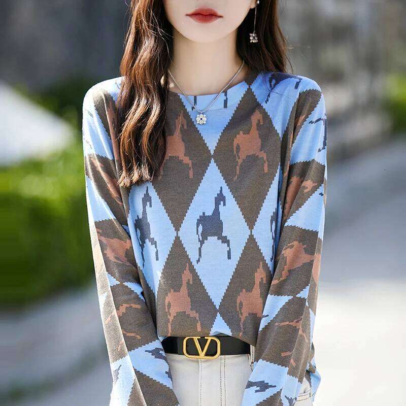 Spring Autumn New Shirt Women's Round Neck Long Sleeve Wool Mulberry Silk Loose Style Printed Thin Knitted Top