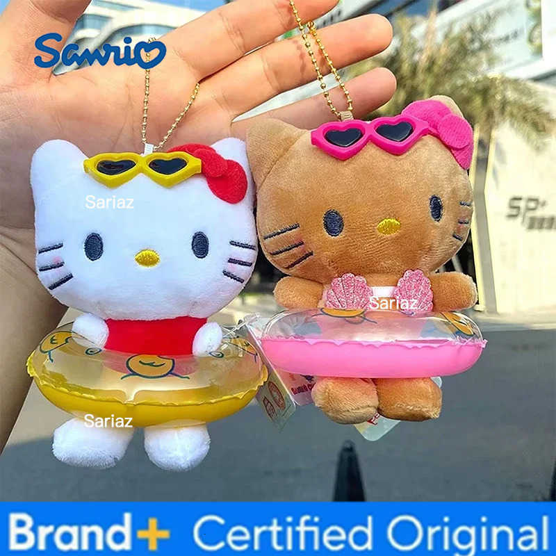 Sanrio Sweet Hello Kitty Black Skin Hawaii Vacation Keychain Cartoon Kitty Cat Swimming Ring Couple Pendants Cute Downy Soft Dolls Gift H251225