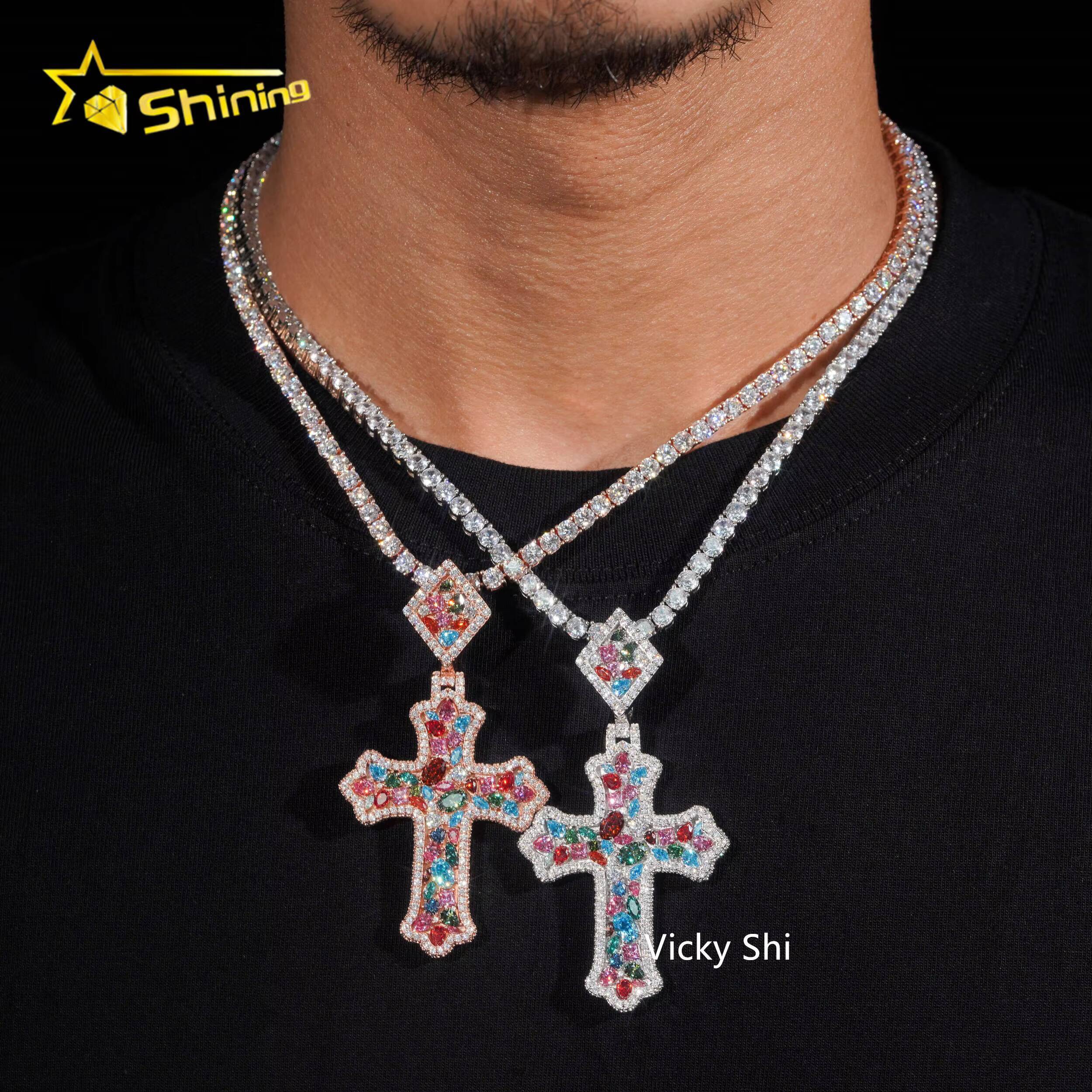 GRA Certificated 925 Sterling Silver Fancy Cut Colored Moissanite Cross Pendant Custom Moissanite Pendant Men Hip Hop Jewelry - view 3