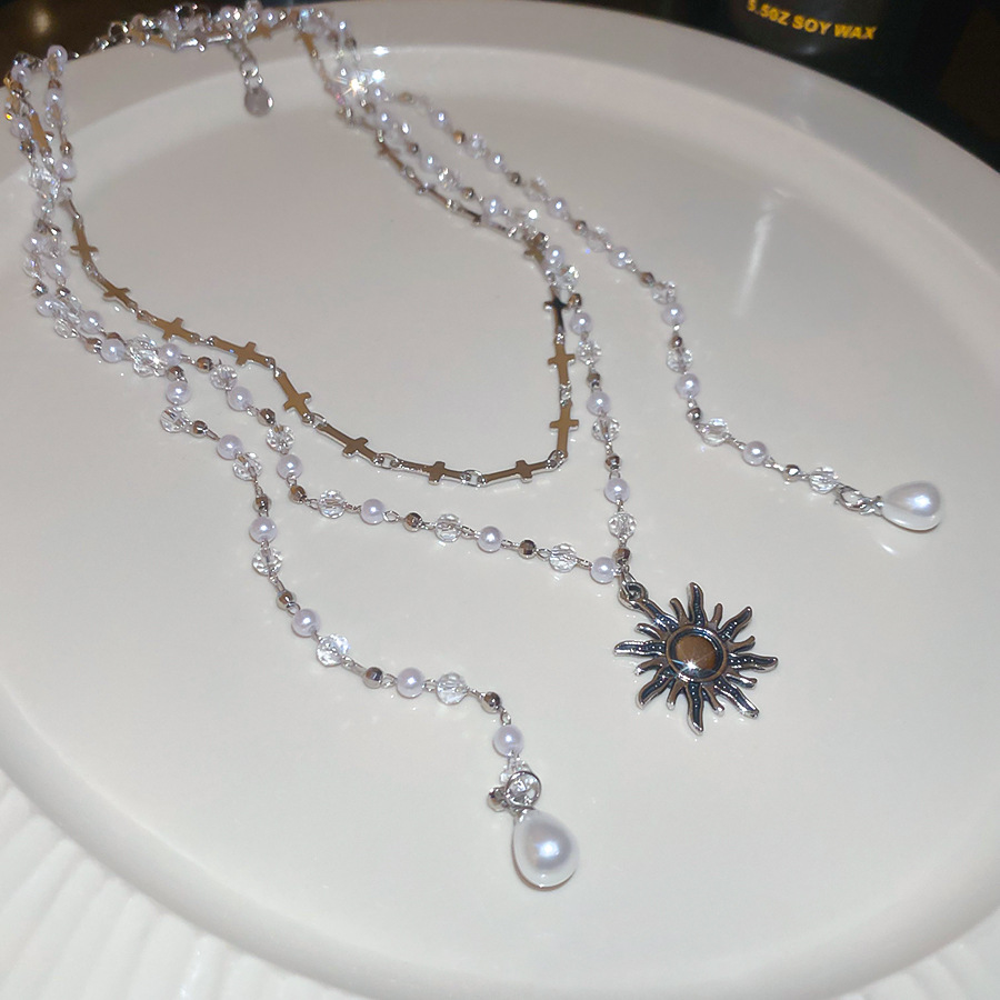 Pearl Crystal Cross Beaded Sun Double Layer Necklace Vintage Distressed Collarbone Chain Light Luxury High-end Sense Jewelry for Women - view 8
