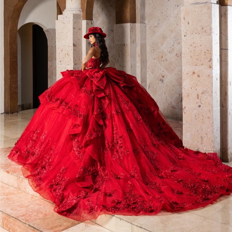 Red Shiny Quinceanera Dresses Ball Gown Off The Shoulder Applique Lace Beading Crystal Bow Tull Corset Sweet 16 Dress Vestidos 15 De Anos