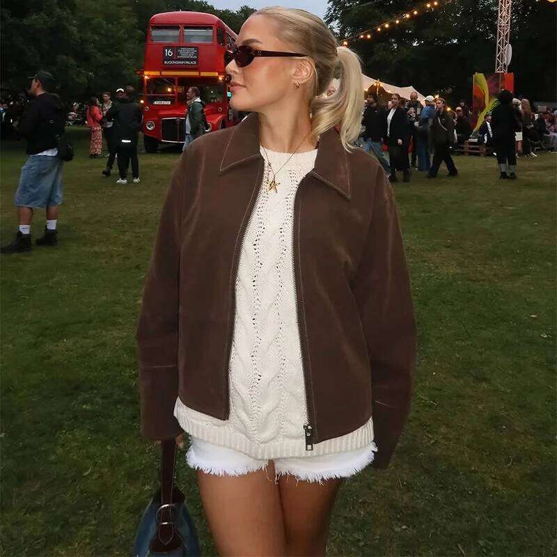 Designer Fashion 2026 Brown Suede Women's Jackets Turn-Down Collar Zipper Loose Lady Short Coats 2026 Spring Female Street Office Outwear New