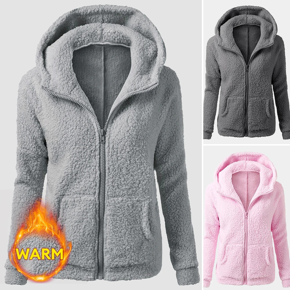 Womens Hooded Coats Polar Fleece Autumn Winter Casual Comfort Soft Faux Jacket Shearling Zipper Front Side Pockets Coat 251225