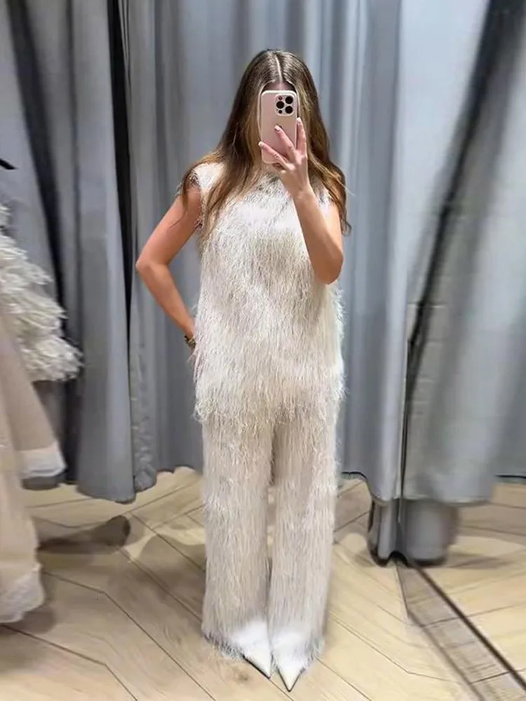 Tassel Womens Pant Sets Sleeveless ONeck Top Female Straight Solid Elegant Fashion Suit Casual Chic Women 251225