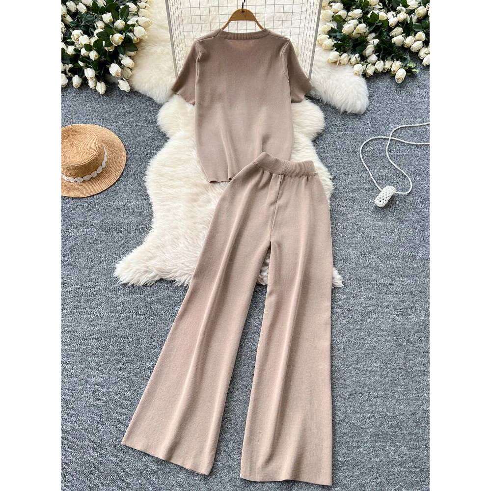 Designer Clothes Leisure Knitted Summer Fashion Letter Embroidered Sweater And Wide Leg Pants Two Piece Set Hot Selling