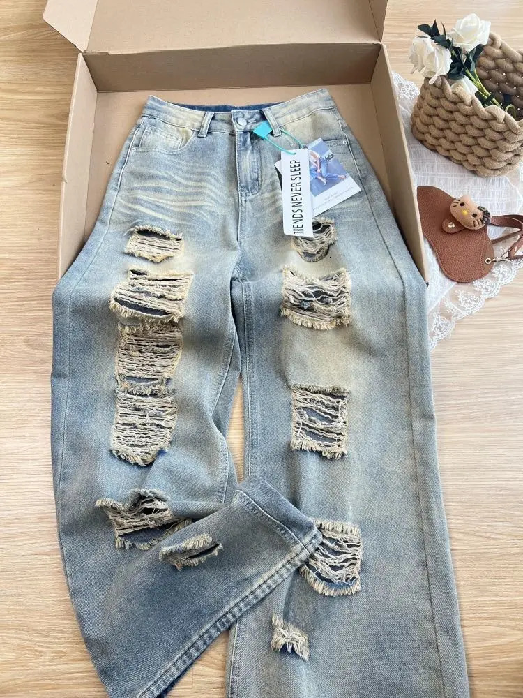 Autumn Retro Old Ripped Jeans Wideleg Women Loose Pants Trousers Baggy 251225