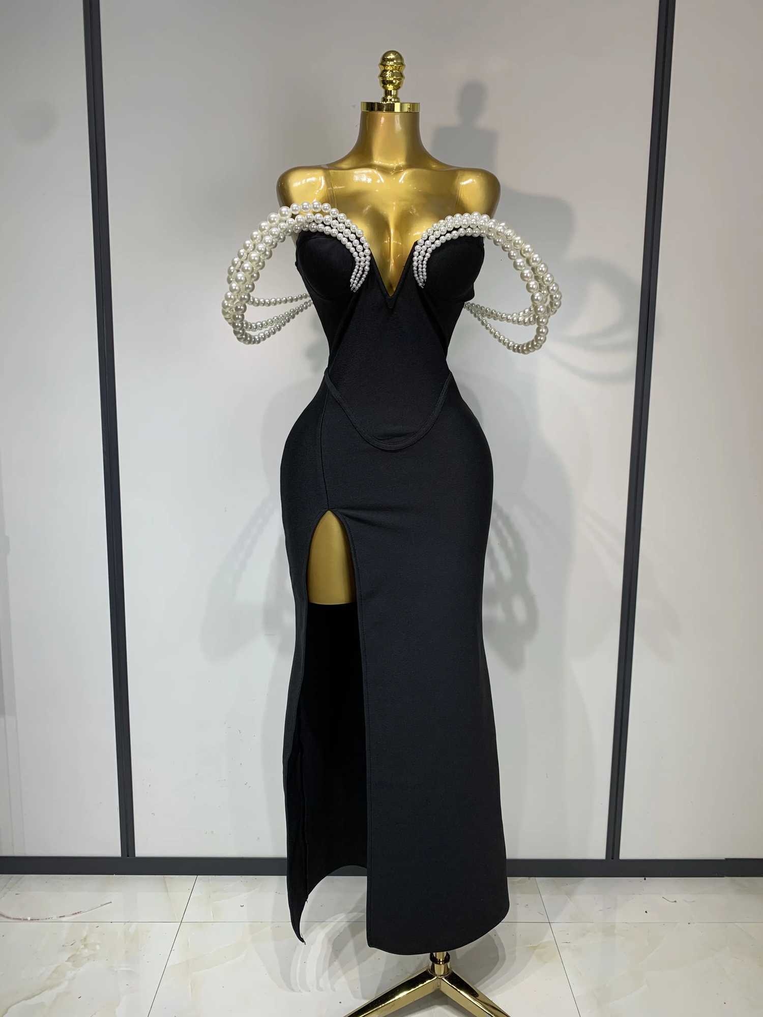 Women Luxury Designer Pearls V Neck Maxi Long Bandage Bodycon Dress Celebrity Evening Party Birthday Gowns Singer Stage Costumes C251225