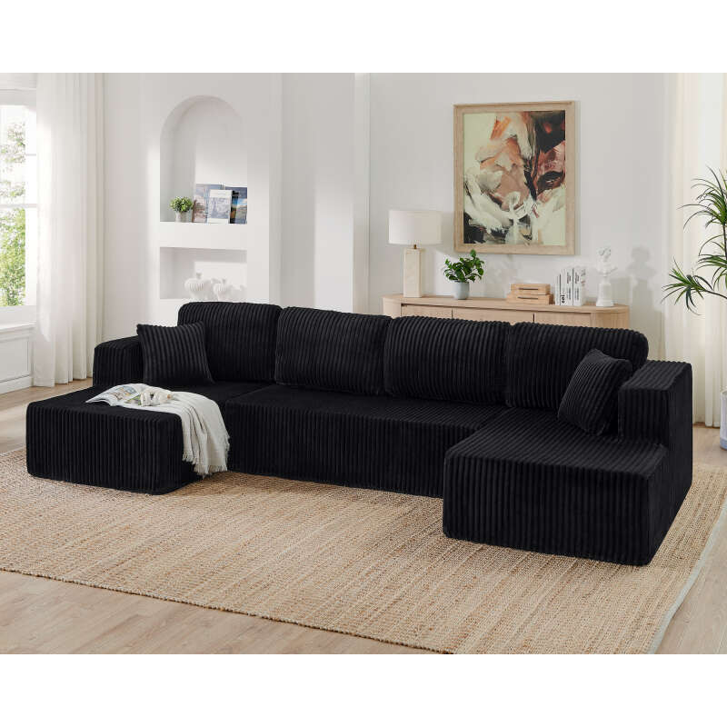 U shape Modular Sofa, Sectional Modern Minimalist Style Corduroy Couch, Sleeper for Living Room, Bedroom, Comfy Compressed Sofa -Black 4049