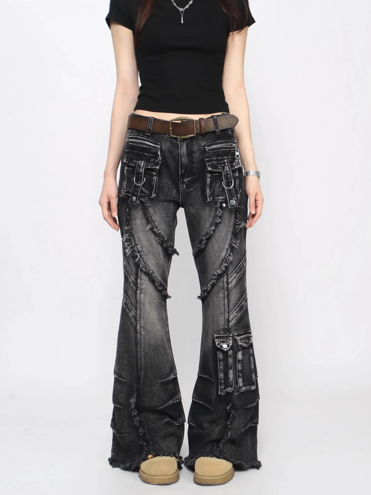 Autumn Winter Womens Denim Pants Dark Academia Cargo Jean Flared Bell Bottom ner Kpop Japanese Y2k 2000s Goblin Core 251225