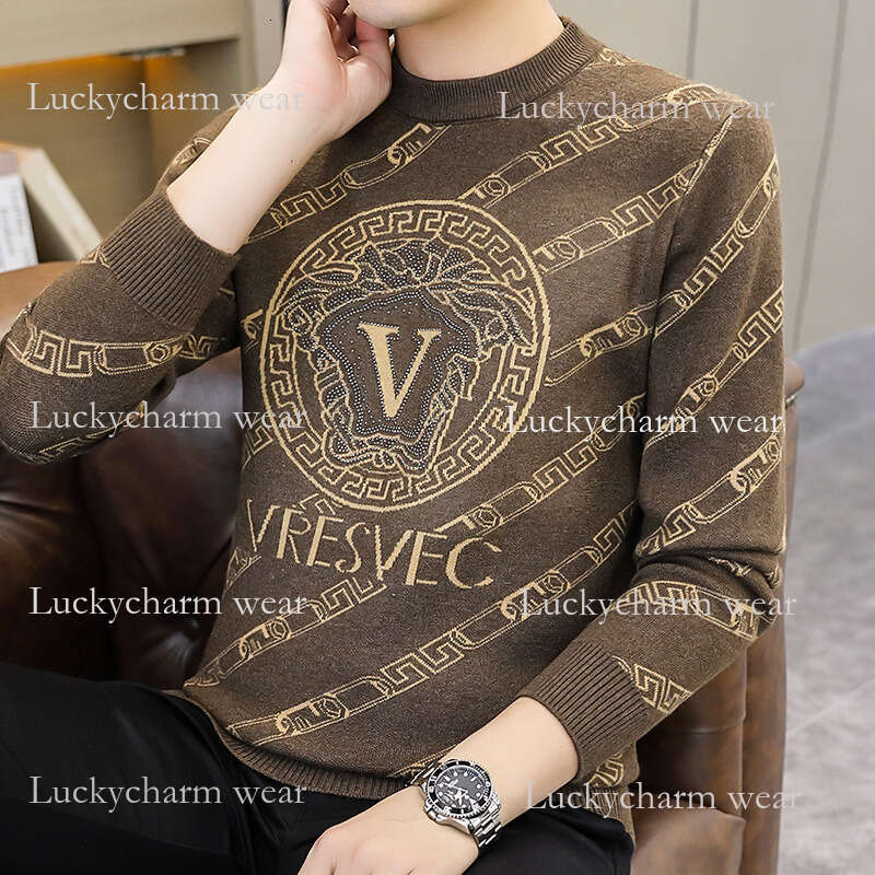 European Trendy Brand Men's Knitted Autumn Winter New Fashion Rhinestone Round Neck Versatile Base Shirt Sweater For Men