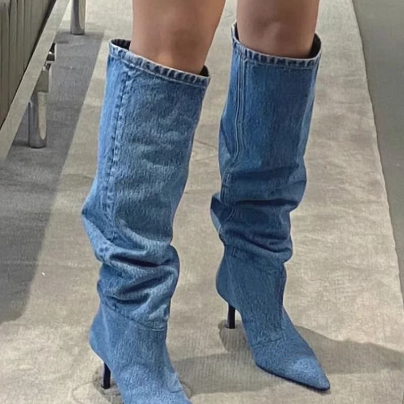 Winter Women Denim Long Boots Fashion Pointed Toe Ladies Elegant Knee High Boots Thin High Heel Knigh Boot NOXYZ16