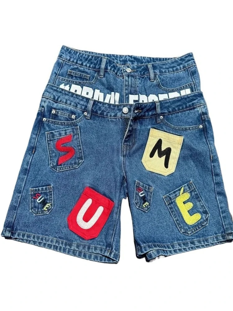 HOUZHOU Vintage Letter Denim Shorts Women Hip Hop Y2k Two Pieces Jorts American Retro Patchwork Baggy Street Short Jeans 251225