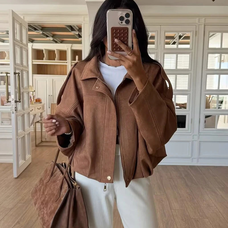 TFMLN Autumn Winter Women Suede Jacket Coat Fashion Long Sleeve Zipper Loose Bomber Chic Lady Casual Streetwear 251225
