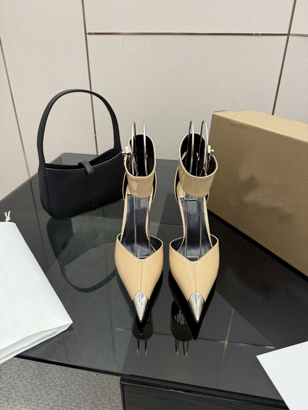 High heeled women's new metal pointed high heel pointed single belt sisters sexy patent leather closed toe sandals 35-43