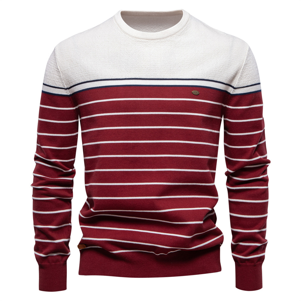 WOZK autumn and winter new striped color blocked long sleeved men's knitted sweater fashionable round neck men's casual sweater