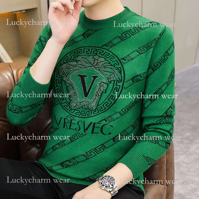 European Trendy Brand Men's Knitted Autumn Winter New Fashion Rhinestone Round Neck Versatile Base Shirt Sweater For Men