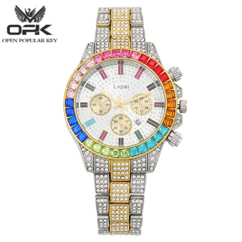 New popular three eyed fashion watch rainbow gradient rhinestone inlaid decoration calendar women's luxury watch trendy chic elegant luxurious wa