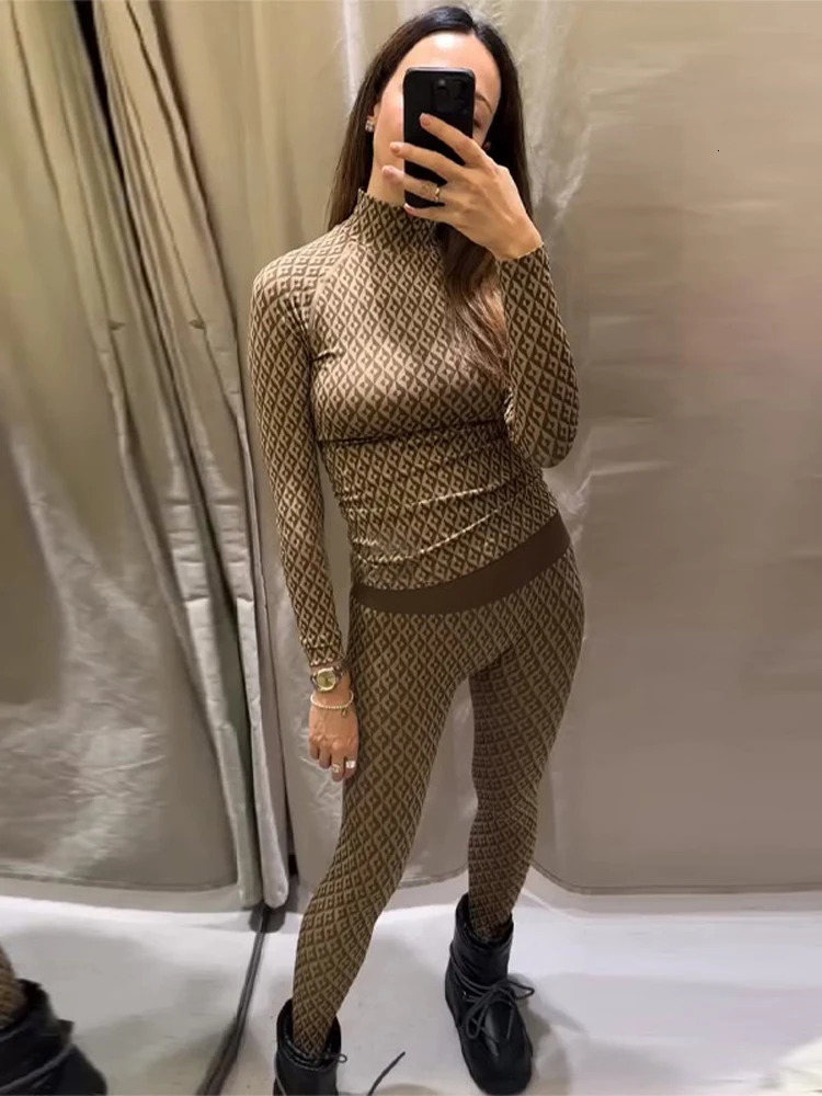 Women Print Base Layer Set Sheath Long Sleeve Turtleneck Pullover Trousers Chic Allmatch Twopiece Sets Sport Street Underwear 251225 - view 4