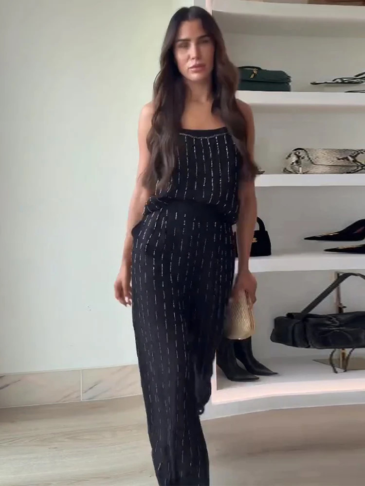 2026 Women Chic Outfits Fashion Elegant Black Bead Embroidery Sleeveless Slip Tops Wideleg Pants Suit Twppiece 251225
