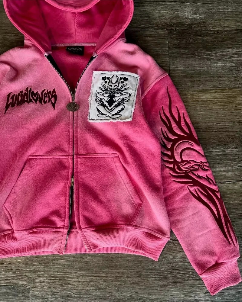 American Hip Hop Joker Pattern Embroidered Zipper Hoodie Women Street Y2K Punk Fleece Padded Sweatshirt Unisex Casual 251225