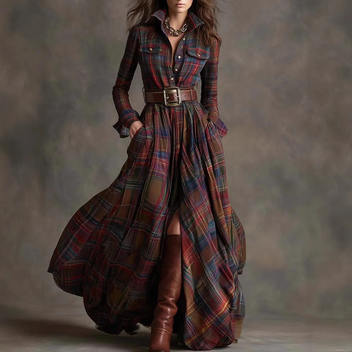 French Womens Plaid Dress Shirt Button Cardigan Lapel Fashion Belt Pocket Irregular A-line Long Skirt for Female 251222