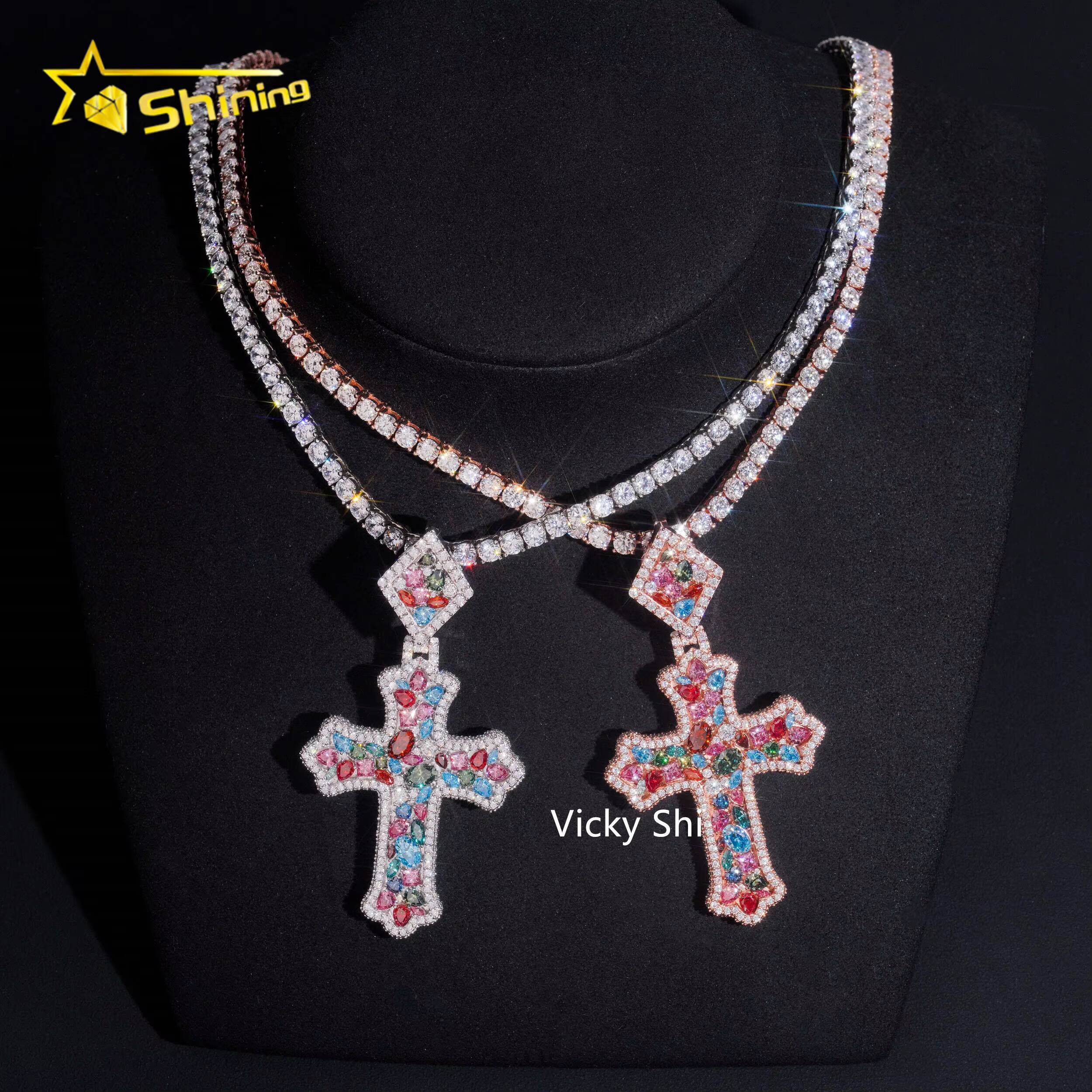 GRA Certificated 925 Sterling Silver Fancy Cut Colored Moissanite Cross Pendant Custom Moissanite Pendant Men Hip Hop Jewelry - view 6